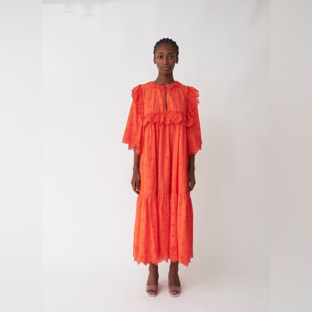 Stella Nova Barbara Joe Dress Eyelet Ruffle Maxi Size 36 US Small Orange Red EUC
